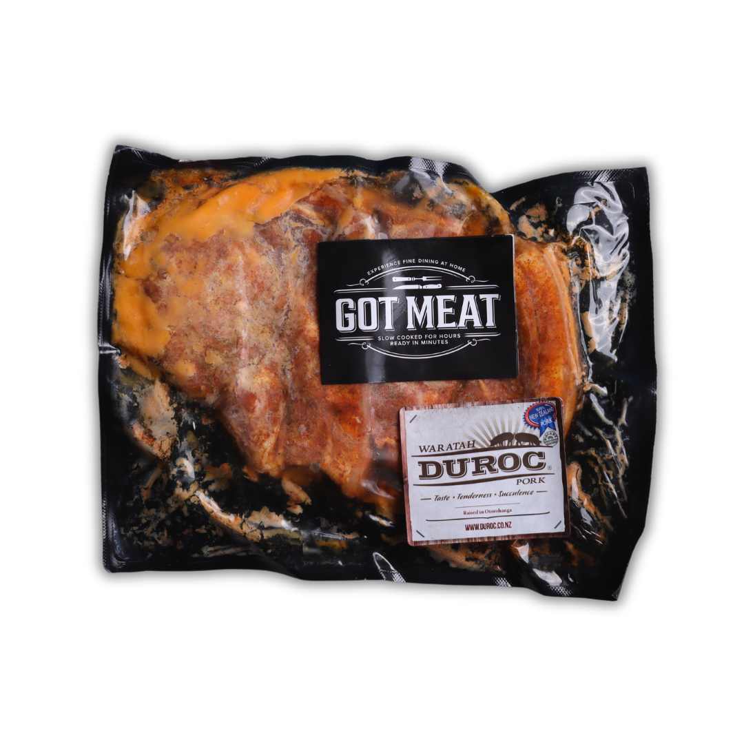 Experience the perfect balance of tenderness and flavour with Got Meat's Sous Vide Slow Cooked Waratah Duroc Pork Loin Chop, expertly seasoned with Rum and Que’s Rib Rocker BBQ rub. Shop Online now!